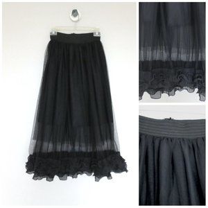 NWOT 95N WOMEN MESH MIDI FRILL SKIRT WITH ELASTIC WAIST BLACK
